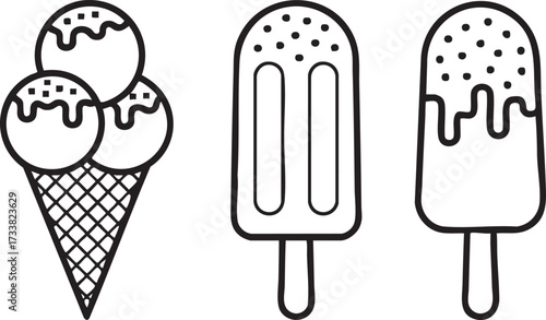 Sweet dessert popsicle and cone vector drawing for summer refreshment design