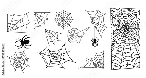 Spiderweb varieties set. Black mesh patterns with halloween party ornament. Sticky trap of intertwining dangerous vector lines
