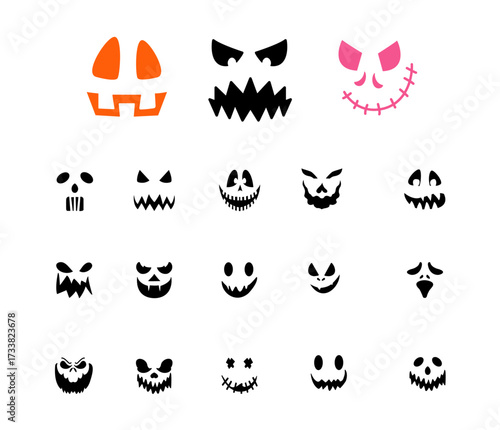Set of Halloween scary pumpkins cut. Spooky creepy pumpkins cut