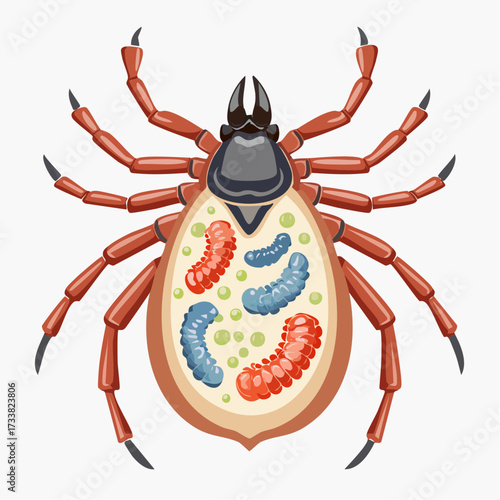 cartoon tick with parasites, brown and red clip art preview