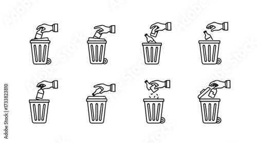 Set of hand icons throwing trash into a bin step-by-step sequence clean environment concept vector