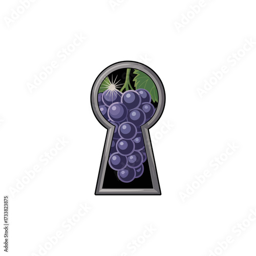 Grape keyhole symbol, clusters inside keyhole silhouette, access to vineyard flavors, winery identity concept, elegant vintage vector