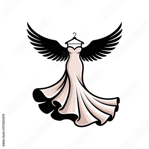 angel wing dress on hanger, flowing ivory gown, bridal fashion concept, luxury couture symbol, graceful boutique vector