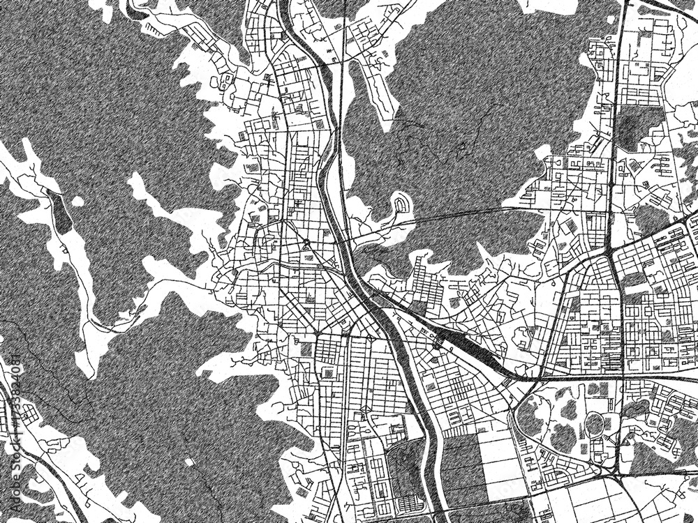 Fototapeta premium Black and white illustrated map of Suncheon, Republic of Korea, with streets, rivers, and neighborhoods.