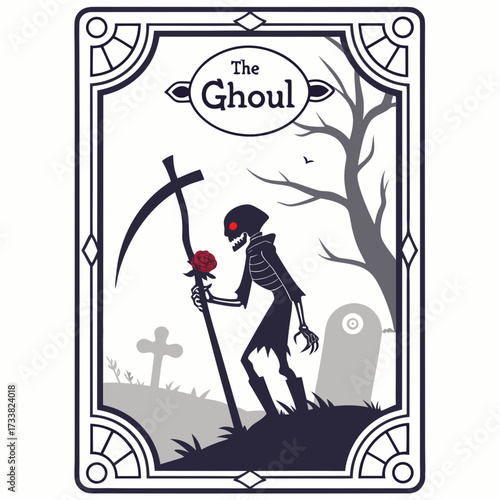 Skeleton Ghoul holding red rose in graveyard death