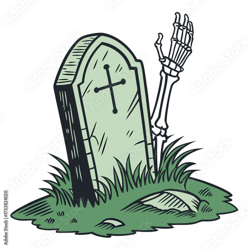Skeletal hand rising from green graveyard tombstone