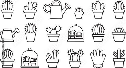 Gardening vector icon pack with cactus, succulents, and potted plants