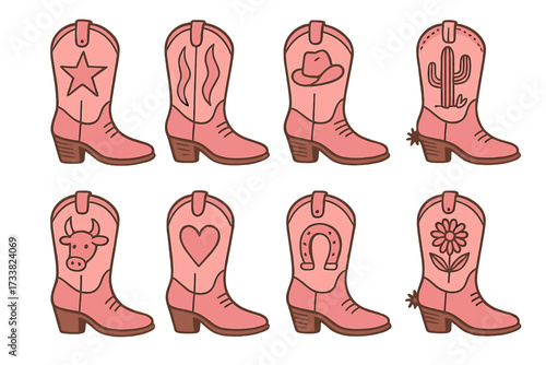 Pink cowgirl boots vector collection. Retro 60s western icon set with star, cactus, horseshoe. Hand drawn cartoon illustration for wild west country theme. Howdy cowboy design.