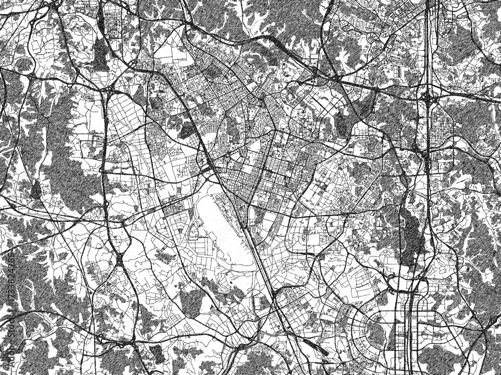 Naklejka premium Illustrated map of Suwon, Republic of Korea, in black and white hand-drawn digital style.