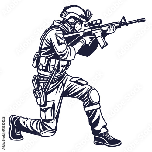Soldier aiming rifle on white background military