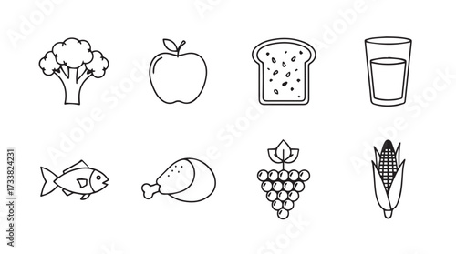 Hand drawn icons depicting various healthy foods for nutrition and lifestyle concepts vector
