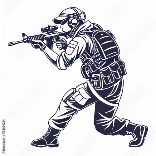 Soldier aiming rifle with tactical gear on white background