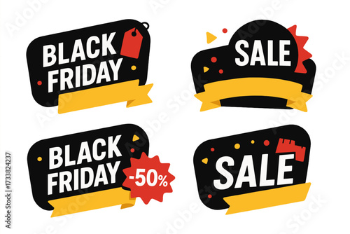 Black Friday sale banner set. Vector graphic labels for commercial discount promotion. Special offer tags and sticker collection for holiday shopping advertisement illustration.