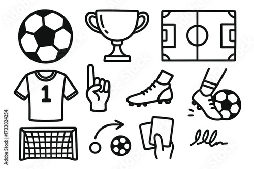 Soccer football sport icon set. Hand drawn doodle collection. Vector line art illustration for championship or tournament. Includes ball, trophy, field, jersey, and goal.