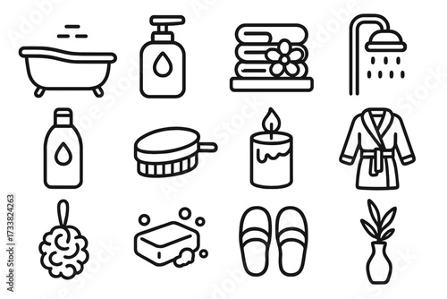 Bath and spa line icon set. Vector outline illustration of bathroom essentials, hygiene, self care products. Includes soap, towel, shower, robe, candle. Wellness relaxation.