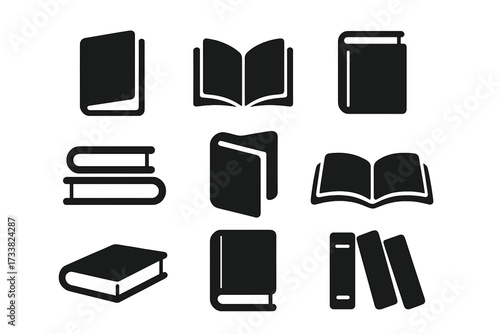 Vector book icons set. Black silhouette pictograms of open, closed, and stacked books. Simple symbols for education, reading, library, literature, and knowledge concepts.