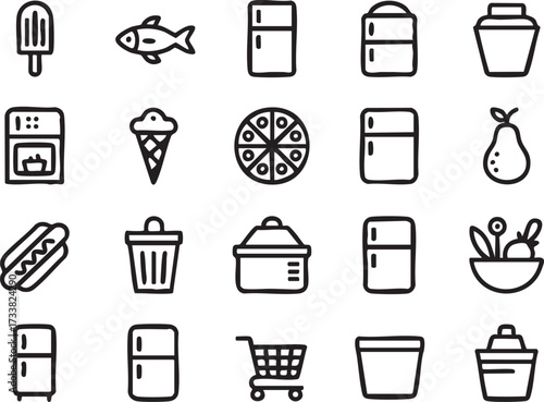 Kitchen and household frozen food vector illustration set with fridge and meals