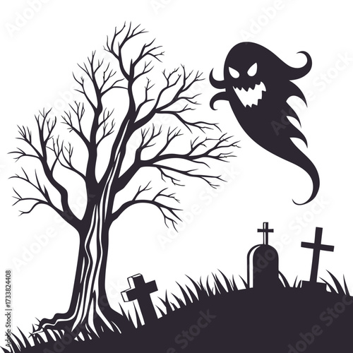 Spooky ghost flying over graveyard with bare tree spirit