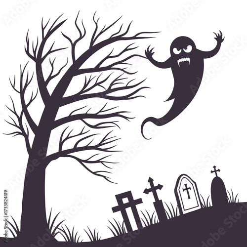 Spooky ghost hovering over graveyard with bare tree