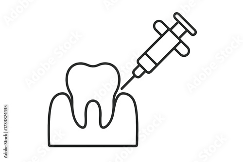 Dental anesthesia line icon. Local anesthetic injection for tooth pain relief. Syringe in gum for dental procedure or oral surgery. Stomatology, dentistry concept vector art.