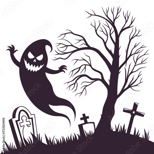 Spooky ghost in graveyard with bare tree and tombstones