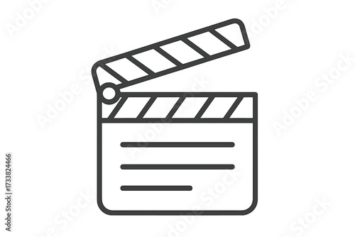 Clapperboard linear icon. Movie clapper or film slate symbol for cinematography. Action sign for starting a scene. Video production & filmmaking concept. Simple vector outline.