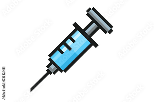 Syringe icon in pixel art style. Vector illustration of medical injection with blue liquid. Concept for vaccination, immunization, flu shot, healthcare, medicine, and hospital.