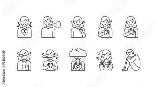 Collection of hand drawn emotive faces expressing diverse emotional states with outline style vector