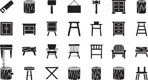 Workshop carpentry vector icons with benches, dressers, and woodworking tools