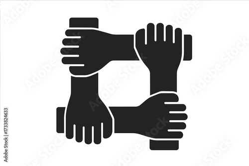 Four hands holding wrists forming a square. Vector glyph icon. Concept for teamwork, community, unity, support, charity, and partnership. Symbol of racial equality.