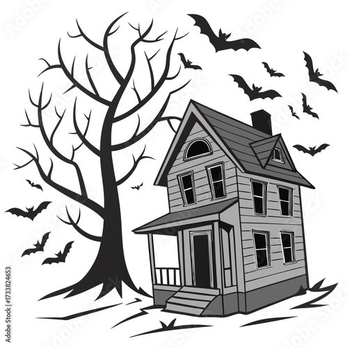 Spooky haunted house with bats flying around a bare tree