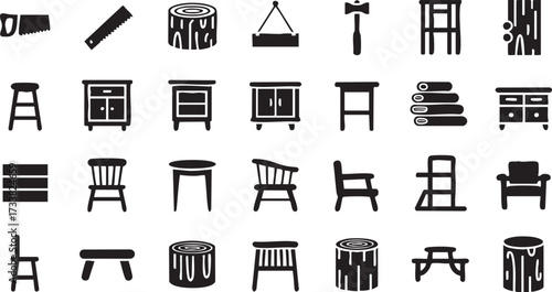 Carpentry and furniture making vector symbols with hammer, stool, and cabinet