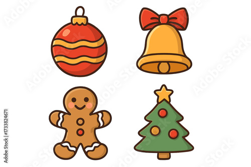 Christmas icon set vector cartoon. Holiday graphic element collection. Festive symbols for winter celebration. Gingerbread man, xmas tree, jingle bell, and ornament bauble.