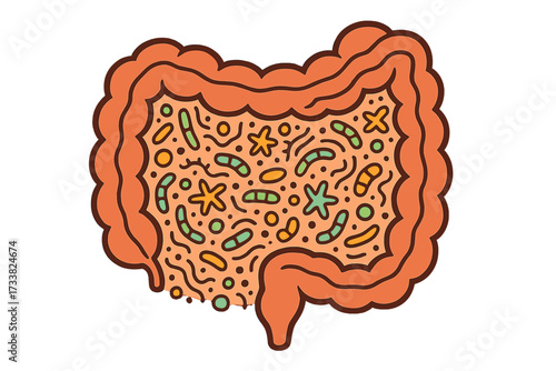 Healthy gut concept. Intestines with microbiota ornate pattern. Vector of gut flora, microbiome, good bacteria, probiotics. Digestive system health, biology, science, anatomy.