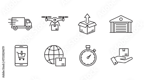 Hand drawn icons representing logistics delivery shipping e-commerce and transportation services business vector