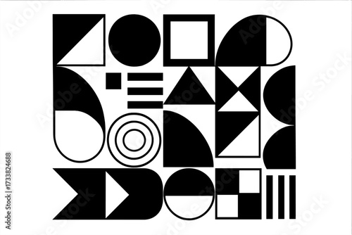 Abstract geometric vector elements set. Black and white minimalist composition with basic shapes. Modern swiss design or bauhaus style poster background. Simple forms collection.