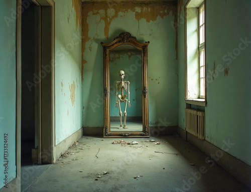 Skeleton Reflecting in an Old Mirror