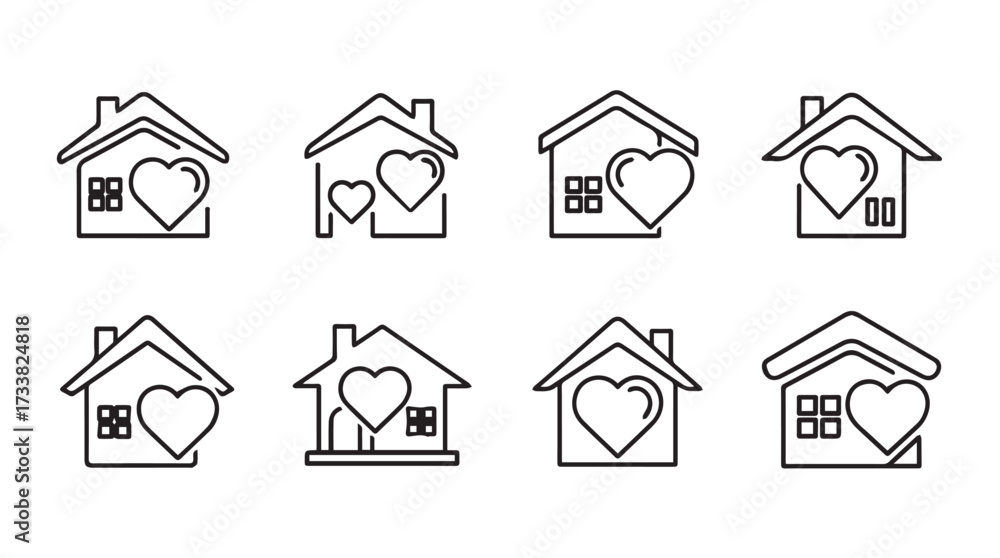 Fototapeta premium Charming hand-drawn houses with hearts symbolizing love home and family unity vector