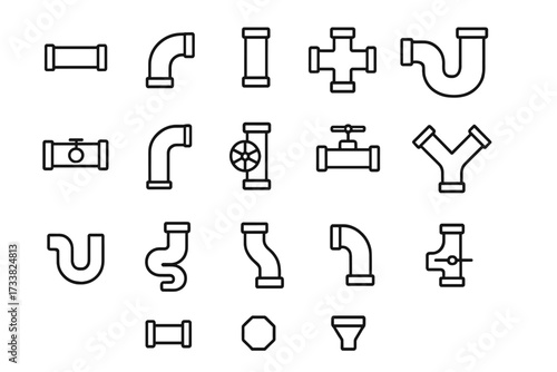Pipe fittings vector icon set. Plumbing and pipeline construction line symbols. Industrial water pipes, tubes, valves, and connectors collection. Thin outline art illustration.