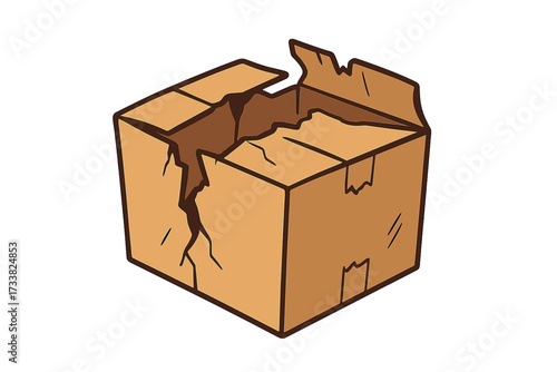 Broken cardboard box vector illustration. Damaged package, fragile cargo concept. Shipping problem, poor delivery service. Cracked, empty carton icon for logistics, returns.