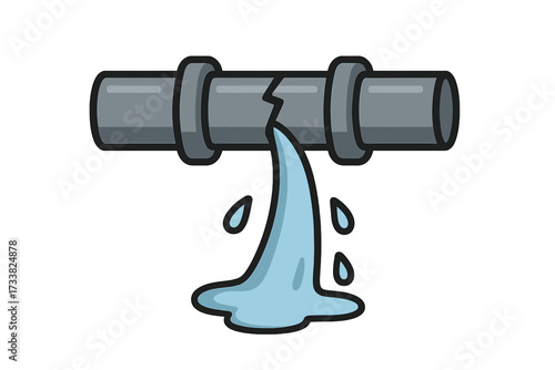 Broken pipe with water leak. Vector cartoon illustration of a burst pipeline. Plumbing problem, damage, and emergency concept. Water pipe crack with dripping water isolated.