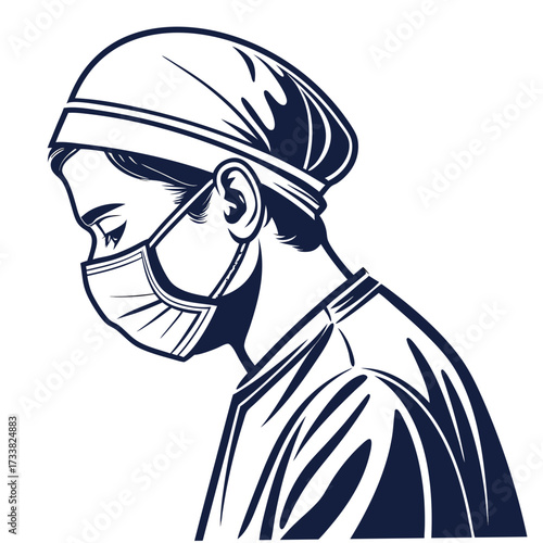 Surgeon wearing mask and cap profile view medical healthcare
