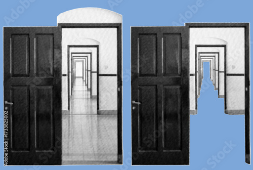 close up of infinity open door pixelate grayscale color halftone dotted texture style collage element isolated on blue background