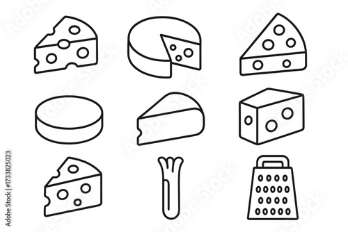 Cheese line icon set. Dairy food pictograms. Includes cheddar, swiss cheese wedge, parmesan wheel and grater. Minimal graphic elements for apps, web, menu, recipe cards.