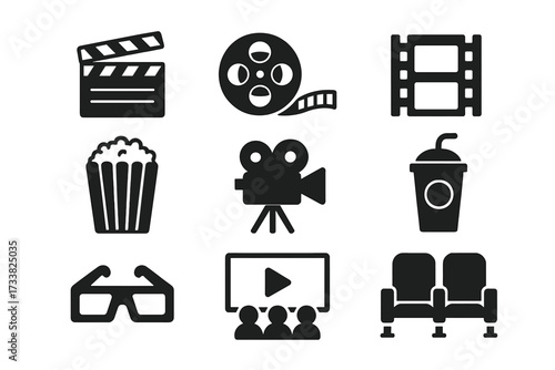 Cinema icons set. Movie graphic elements. Film production symbols. Vector illustration with clapperboard, popcorn, camera, 3D glasses, reel, screen, theater seats.