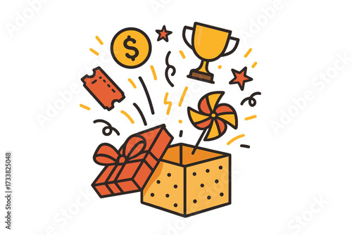 Enter to win giveaway contest vector illustration. Open gift box with prizes like a trophy, money coin and ticket. Promotion graphic for marketing, lottery, and social media.