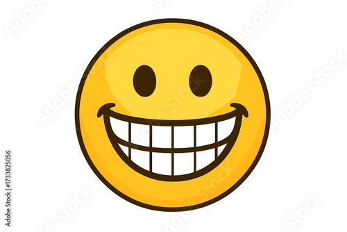 Grinning emoji with a big toothy smile. Cheerful yellow emoticon showing teeth. Happy face vector icon. Cute cartoon character expression of joy, happiness, and excitement.