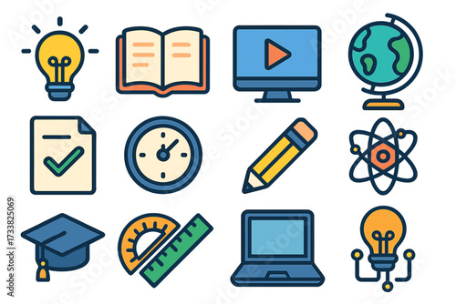 Education and e-learning icon set. Flat vector symbols for online school, university. Knowledge, study, and science concepts. Graphic elements for distance learning, webinar.