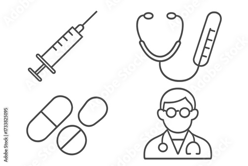 Medical line icon set. Healthcare symbols. Doctor, syringe, stethoscope, pills, thermometer. Thin line vector illustration for web, app, infographics. Medicine, clinic signs.