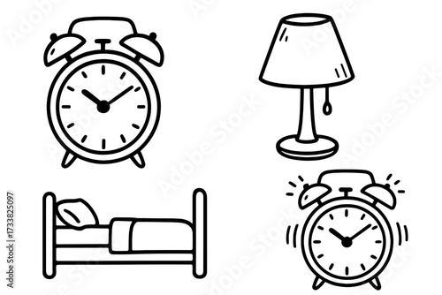 Sleep and morning icon set. Vector doodle of alarm clock, bed, and lamp. Hand drawn bedroom elements for waking up, daily routine, and bedtime concepts. Line art illustration.